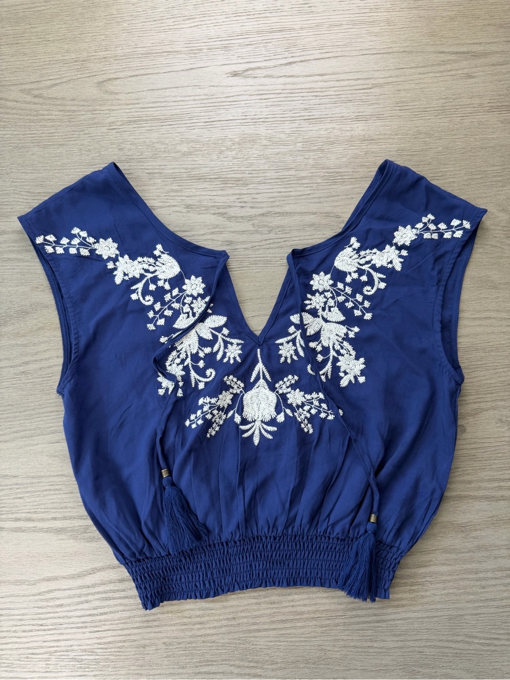 SEEK The Label Blue Embroidered Boho Crop Top Tassel Smocked Small